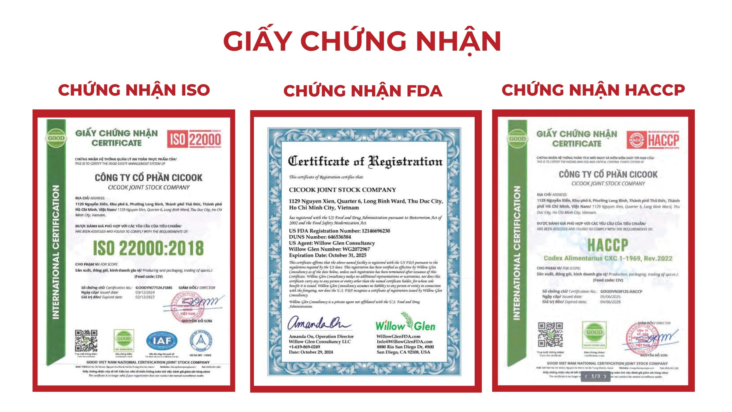 các chứng nhận của Cicook