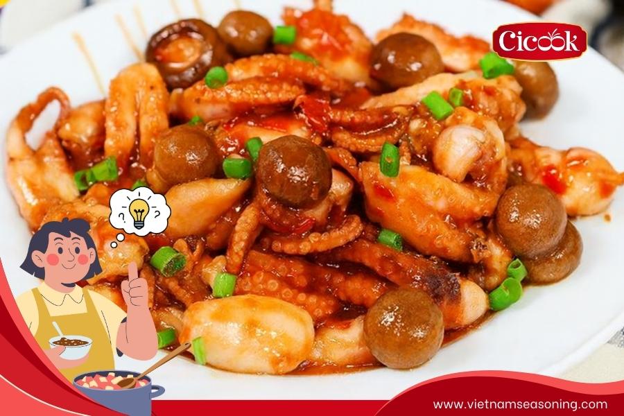 Octopus stir-fried with sa-te and straw mushrooms