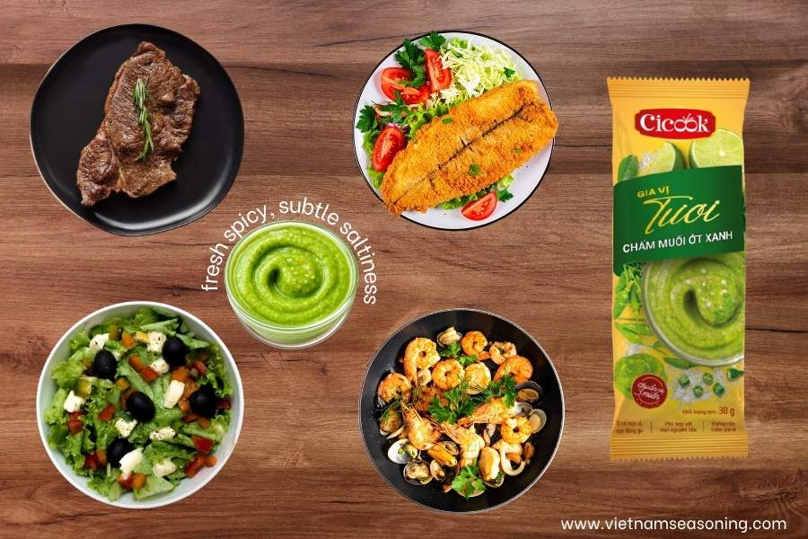 Suggested food pairings with green chili salt dipping sauce